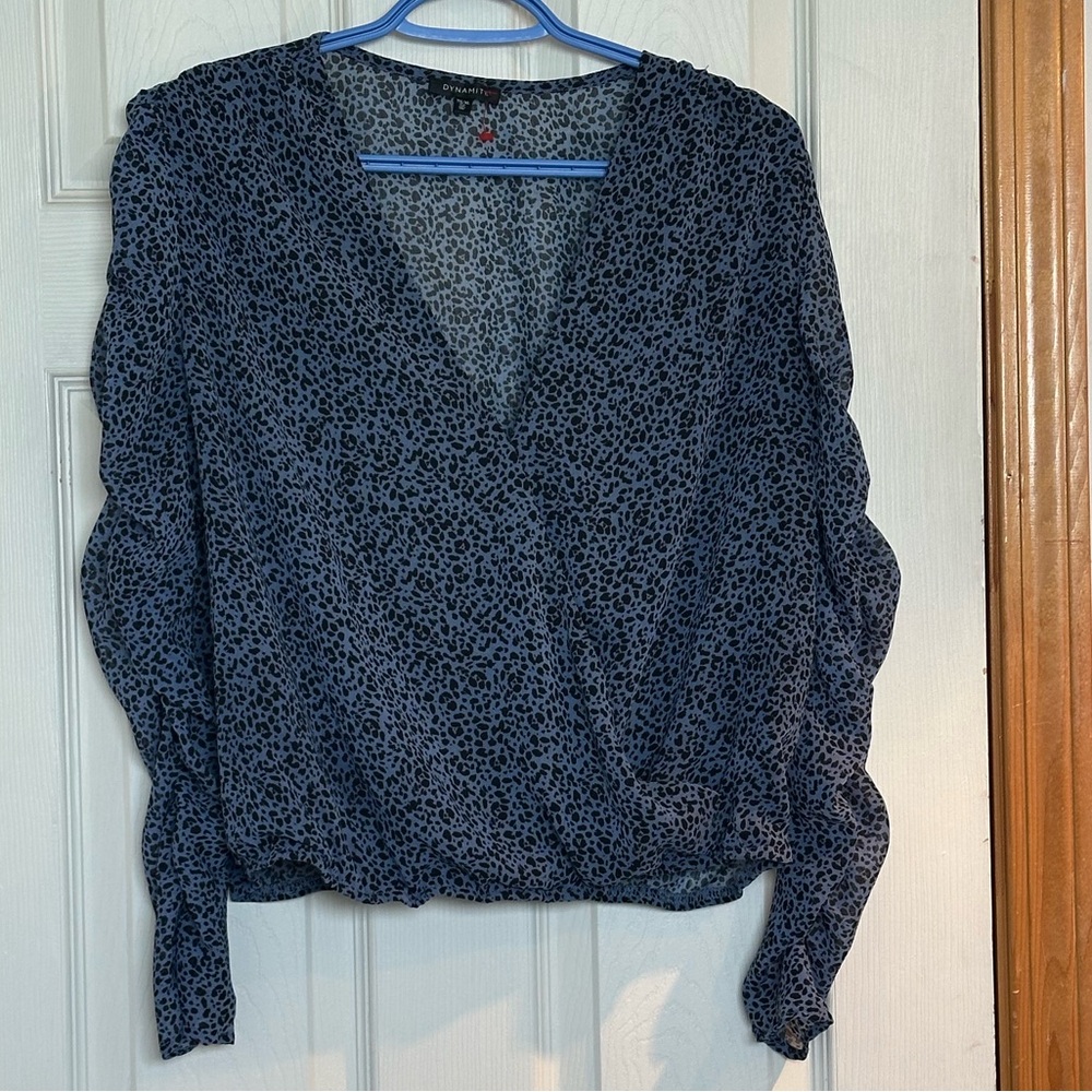 Dynamite Navy Blue Leopard Print Wrap Blouse